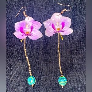 Real Orchid Flower Dangle Drop Earrings
